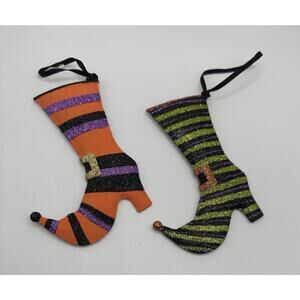 Pier 1 One Imports Halloween Ornament Witch Boot Lot of 2 Glitter Metal